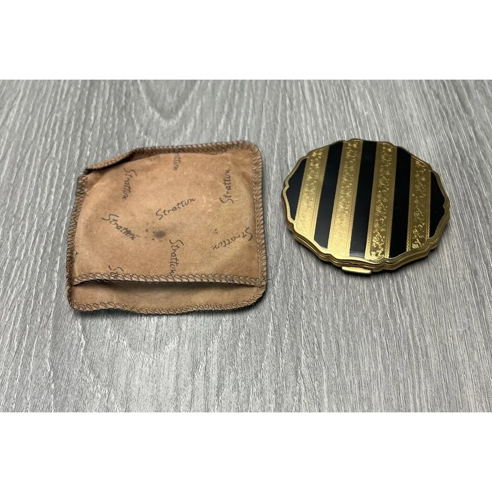 Vintage Stratton Compact Gold Black Stripe Enamel Powder Mirror England w/Bag‎
